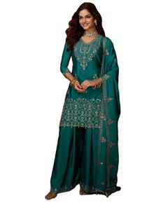 Saanvi Bandhani Embroidered Traditional Wedding Diwali Party Glow Mirror Chinon Silk Quick Dry Kurta / <b>Kurti</b> Floor-Length - Product Image 1