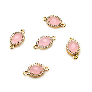 Conector de Colgante Ovalado de Calcedonia Rosa al por Mayor, 7x5mm, con Engaste de Oro y Circonitas Cúbicas, Doble Aro, para Fabricación de Pulseras y Collares - Product Image 6