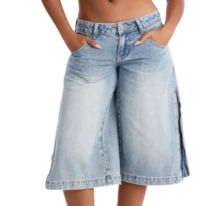 Womens 100% Cotton Light Wash Denim Bermuda <b>Shorts</b> Wide Leg Loose Fit Knee Length Casual Quick Dry Breathable Side Zipper - Product Image 4
