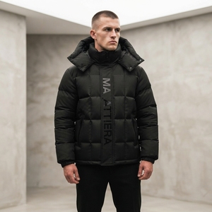 Chaqueta acolchada con capucha para hombre, negra, con aislamiento, para invierno, con cremallera completa, cálida, para exteriores, con bolsillos frontales - Product Image 3