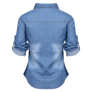 New Design Vintage Summer Women Denim Shirts Blue Cotton <b>Raglan</b> Sleeve Button Lapel Casual Skinny Fit Eco-Friendly Front <b>Top</b> - Product Image 2