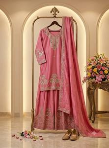 Ensemble Salwar Kameez en satin de soie brodé rose pour femmes, tenue ethnique indienne pakistanaise, robe de fête de mariage avec dupatta, séchage rapide - Product Image 3