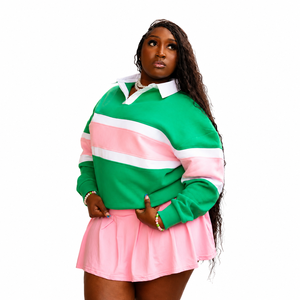Polo de rugby pour femme à blocs de couleur, haut en maille à manches longues, style preppy, rayé vert rose blanc, col chemise, vêtement de sport décontracté - Product Image 1