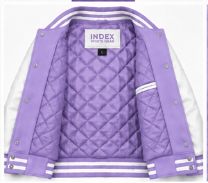 Chaqueta Varsity Morada para Hombre INDEX con Mangas Blancas, Logotipo Bordado, Cuello Camisero y Cierre de Botones, para Otoño - Product Image 4