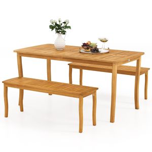 Juego de comedor para patio de 3 piezas con mesa y bancos de madera de acacia para exteriores - Product Image 1