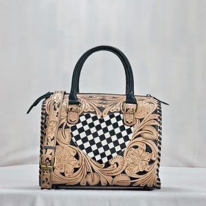 Sac à bandoulière portable en cuir de vachette marbré marron à carreaux personnalisé Walla 2026 avec fermeture éclair pour femme, style western cowgirl - Product Image 3