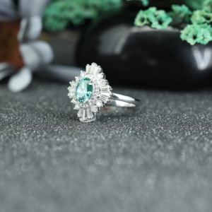 Oval Cut Green Moissanite <b>Ring</b> 925 Sterling <b>Silver</b> | Halo Baguette Diamond Look <b>Statement</b> Engagement <b>Ring</b> for Women - Product Image 2