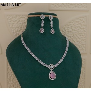 MIJ Luxury American Diamond Necklace Set with CZ Stones Silver Plated <b>Bridal</b> Jewelry Set Silver Plated Alloy Fashion Necklaces - Product Image 1