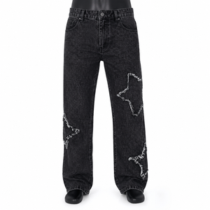 Jeans Negros Desgastados para Hombre, 12 OZ |   Pantalones Vaqueros Holgados con Detalles Desgarrados |   Jeans de Estilo Urbano - Product Image 1