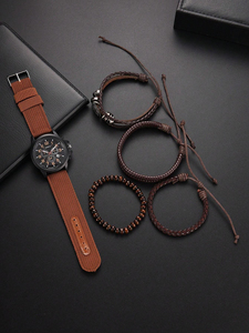 192039 5pcs/set Men's <b>Black</b> Leather Strap Quartz <b>Watch</b> Business and Fashionable Wristwatch With Woven Pu Leather Bracelet - Product Image 4