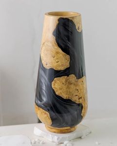 Modern Art Deco Wooden Resin Vase Round Glossy Black Gold Handmade Tabletop Floral Display - Product Image 3
