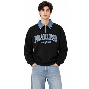 Sweat-shirt noir demi-zippé pour homme avec col rabattu en jean et appliqué lettres, pull décontracté - Product Image 4