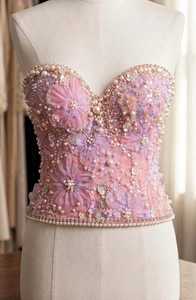 COTTON COUTURE Women's <b>Strapless</b> Beaded Satin 100% Polyester Elegant Corset <b>Top</b> Pink Floral Sequin Bustier - Product Image 5