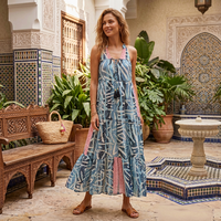 Robe longue bohème à col en V et imprimé géométrique, coupe trapèze ample en soie, décontractée et respirante, sans manches, style Y2K pour femme