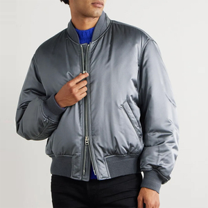Chaquetas Bomber Grises Satinadas con Cierre de Cremallera, Cuello Alto, Estilo Oversize, Chaquetas Bomber Clásicas para Hombre, Servicio OEM - Product Image 1