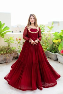 Hot Trending Pakistani Party Wear Dress Maroon Georgette Chiffon Anarkali Frock Heavy Embroidered Neckline <b>Wedding</b> Gown - Product Image 2