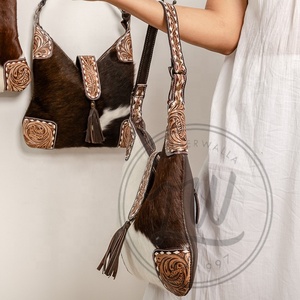 Handmade Large Cowhide Tote <b>Shoulder</b> Bag Genuine Leather with Tooling Patch and Matching <b>Straps</b> Portable Mid Hairon Design - Product Image 2
