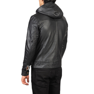 Chaqueta con Capucha de Cuero Genuino Negro para Hombre, Cierre de Cremallera, Abrigo Informal de Invierno - Product Image 1