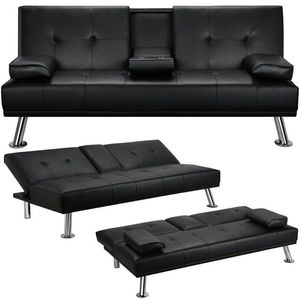 Divano letto moderno Futon in similpelle, con portabicche e cuscini - Product Image 4