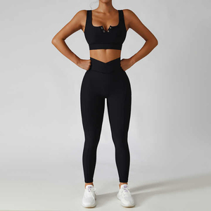 Conjunto Deportivo para Mujer, Top Corto Negro sin Mangas y Leggings de Cintura Alta, Ropa Deportiva Elástica sin Costuras - Product Image 1