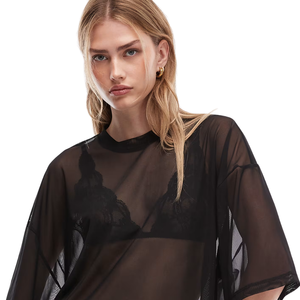 Blusa transparente de manga ancha para mujer, cuello redondo, ajuste holgado, top transparente con dobladillo curvo, camisa lisa para superpuesta, ropa con etiqueta personalizada - Product Image 3