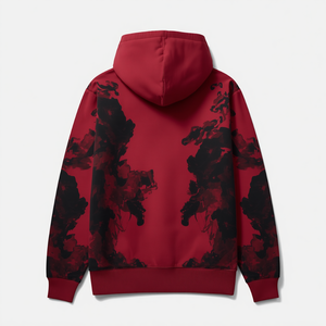 Luxury Men's Crimson Heavy Fleece Hoodie with Shadow Flare Graphic Contemporary Oversized Cotton Pullover Sweatshirt Design - Product Image 2