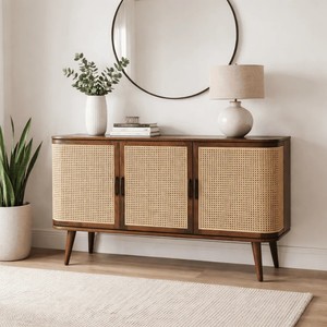 Premium Solid Mango Wood Cane Modern Dining Table Handmade Sculptural Pedestal Base Eco-Friendly Natural Finish Bedroom Shree - Product Image 1