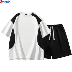 Conjunto Corto Personalizado para Hombre, de Alta Calidad, Informal, a la Moda, Veraniego, Deportivo, con Bloques de Color, Cuello Redondo, Holgado - Product Image 1
