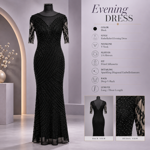 Vestido de noche negro con cuentas |   Vestido de Fiesta con Cuello en V, Manga 3/4, Adorno Diagonal y Espalda en V Profunda para Eventos Formales - Product Image 5
