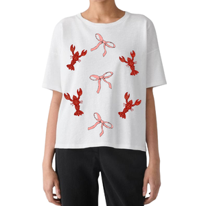 T-shirt décontracté pour femme en coton 100% avec broderie de sequins, écologique, respirant, à manches courtes et col rond, motif écrevisse, vente en gros - Product Image 5