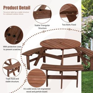 Table de pique-nique circulaire en bois pour 6 personnes avec 3 bancs intégrés pour terrasse extérieure, jardin ou parc, couleur marron - Product Image 3