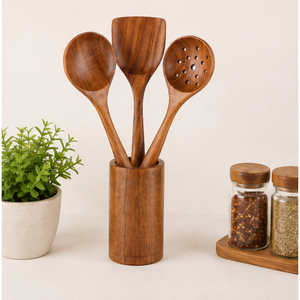 Ensemble d'ustensiles de cuisine en bois d'acacia, cuillères de cuisson, spatules et louche antiadhésives résistantes à la chaleur, avec support – Fournisseur d'usine - Product Image 1