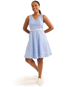 Fabricant OEM Vente en gros Usine Robe décontractée blanche à pois Décolleté en V Corsage ajusté Ceinture contrastée naturelle - Product Image 1