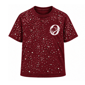 Unisex Burgundy Pearl <b>Studded</b> T <b>Shirt</b> Stylish Round Neck Short Sleeve Pearl Beaded Fashion Top for Everyday Wear and Party - Product Image 1