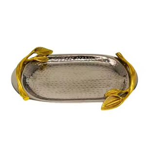 Hand Hammered Stainless Steel <b>Tray</b> With Gold Antique Handle Luxurious Home Table Decorative <b>Snacks</b> Serving <b>Tray</b> For Hot Sale - Product Image 4