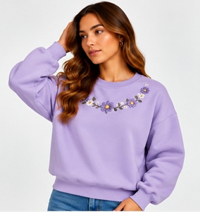 Sweat-shirt à col rond surdimensionné pour femme, couleur lavande, avec broderie florale, manches longues, 100% coton tricoté, vêtement de printemps - Product Image 5