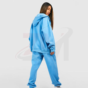 Women Blue <b>Tracksuit</b> Hooded Zipper Full Sleeve Sweatshirt Jogger Pants Solid Color Casual Loose Fit Spring Wear - Product Image 4