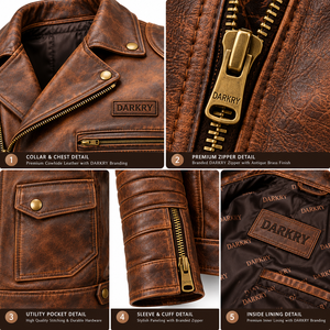 Blouson de motard vintage en cuir de vachette marron vieilli pour homme, avec fermeture éclair asymétrique, vêtements d'hiver OEM - Product Image 6
