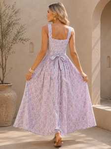 Vestido Maxi Boho Estampado con Corte Evase, Escote Cuadrado y Cintura Imperio, 100% Algodón Chifón con Capa Transparente - Casual para Uso Diario de Verano - Product Image 2