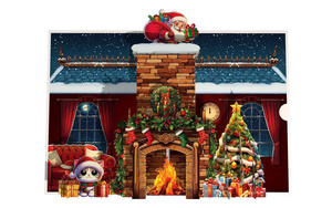 Carte de Noël pop-up avec Père Noël, cheminée, sapin et chat, impression numérique avec lumière et musique - Product Image 1