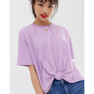 T-shirt ample à col rond pour femme, couleur unie, manches courtes, jersey tricoté en coton, style printemps-été - Product Image 1