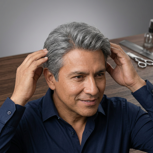 Perruque en cheveux humains chinois avec dentelle frontale mono, gris, coupe droite 1b, cheveux vierges Remy, ondulations profondes lâches, 40-80g - Product Image 1