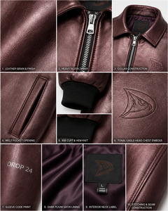 Blouson bomber en cuir véritable bordeaux pour homme avec logo embossé, col rabattu, fermeture éclair, vêtement décontracté pour l'automne - Product Image 5