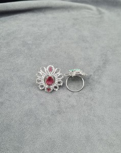 Oval Cut Centre Stone Floral Halo Statement <b>Rings</b> For Women <b>Adjustable</b> AD Finger <b>Ring</b> <b>Silver</b> Plated Party Wear <b>Ring</b> Manufacturer - Product Image 3