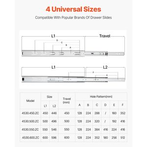 Glissières de tiroir à roulement à billes à extension complète de 20 pouces, 10 paires, capacité de charge de 100 lb, rails de commode robustes à montage latéral - Product Image 2