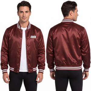 Veste en satin cyan personnalisée avec tissu en soie brillant, col côtelé rayé à boutons-pression, et streetwear en gros OEM - Product Image 3