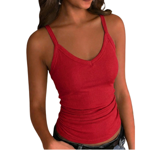 Camiseta sin mangas Modu para mujer, con cuello en V, ajustada, elástica, de punto suave, informal, transpirable, color rojo, a la moda - Product Image 1
