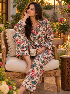 Conjunto de Pijama de Verano de Algodón Ecológico de Lujo para Mujer |   Conjunto de Pijamas con Estampado Floral |   Camisa con Botones y Pantalones - Product Image 1