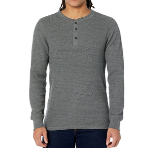 T-shirt Henley côtelé pour homme, manches longues, col boutonné, tissu extensible, confortable et élégant. - Product Image 1