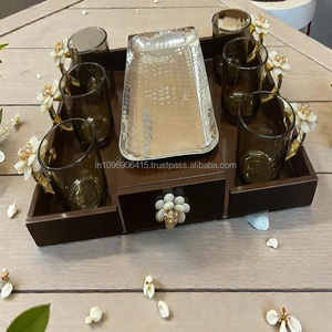 Ensemble thé/boisson Blossom Royale, plateau à collation en bois de luxe, plateau de service, bols, fêtes, tasses à café/thé, K S Exports - Product Image 1